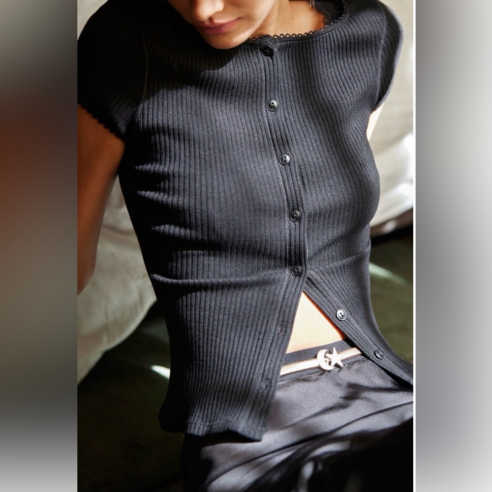 Free People Most Wanted Cardi Black Ribbed Button-Up Top